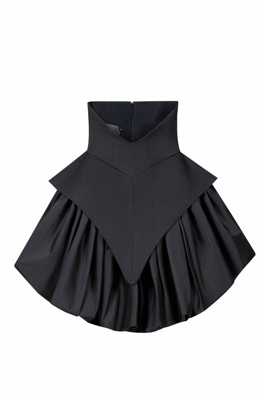 Cinched Sculpted Peplum Waist Black Balloon Skirt