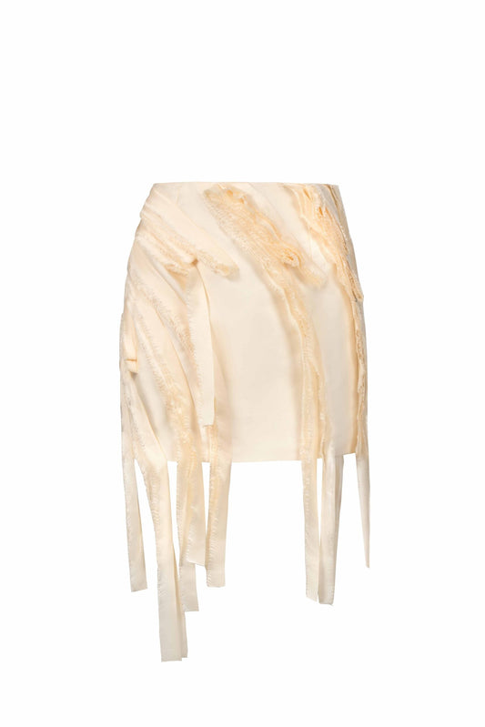 Dropping Frilled Ribbons Cream Taffeta Mini Skirt