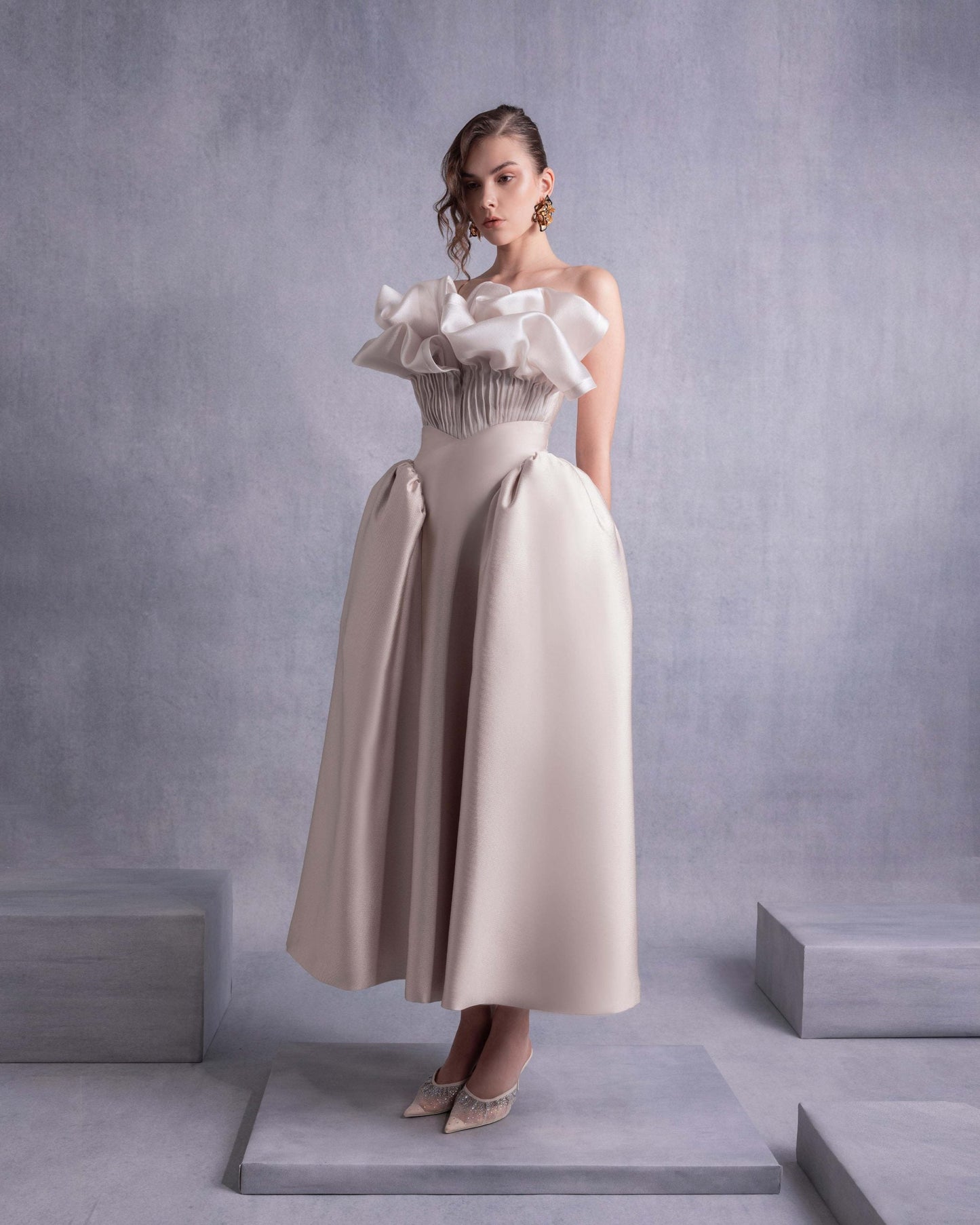 Voluminous High-Waist Piqué Midi Skirt