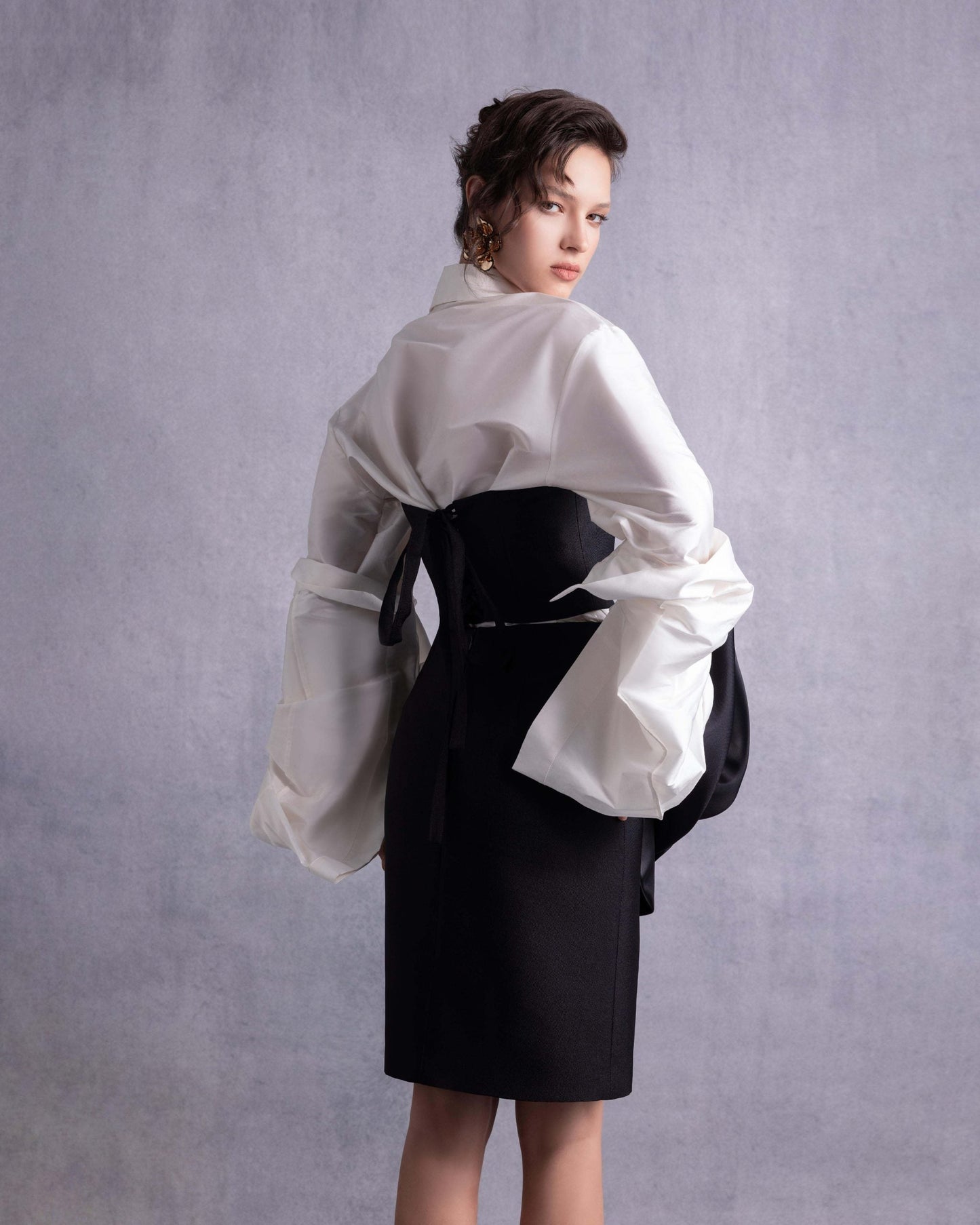 Elegant Black Piqué Skirt with Sculptural Organza Manipulation