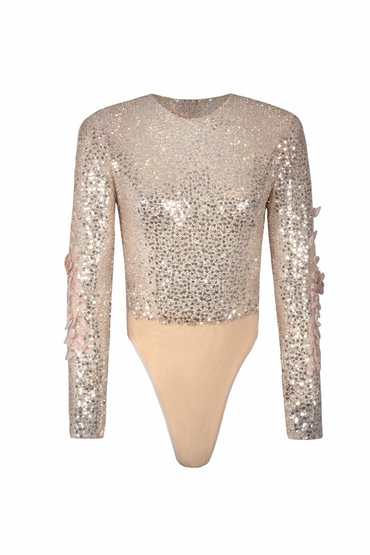 Gold Champagne Sequin Embellished Long-Sleeve Body
