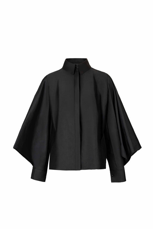 Kimono Sleeves Black Taffeta Shirt
