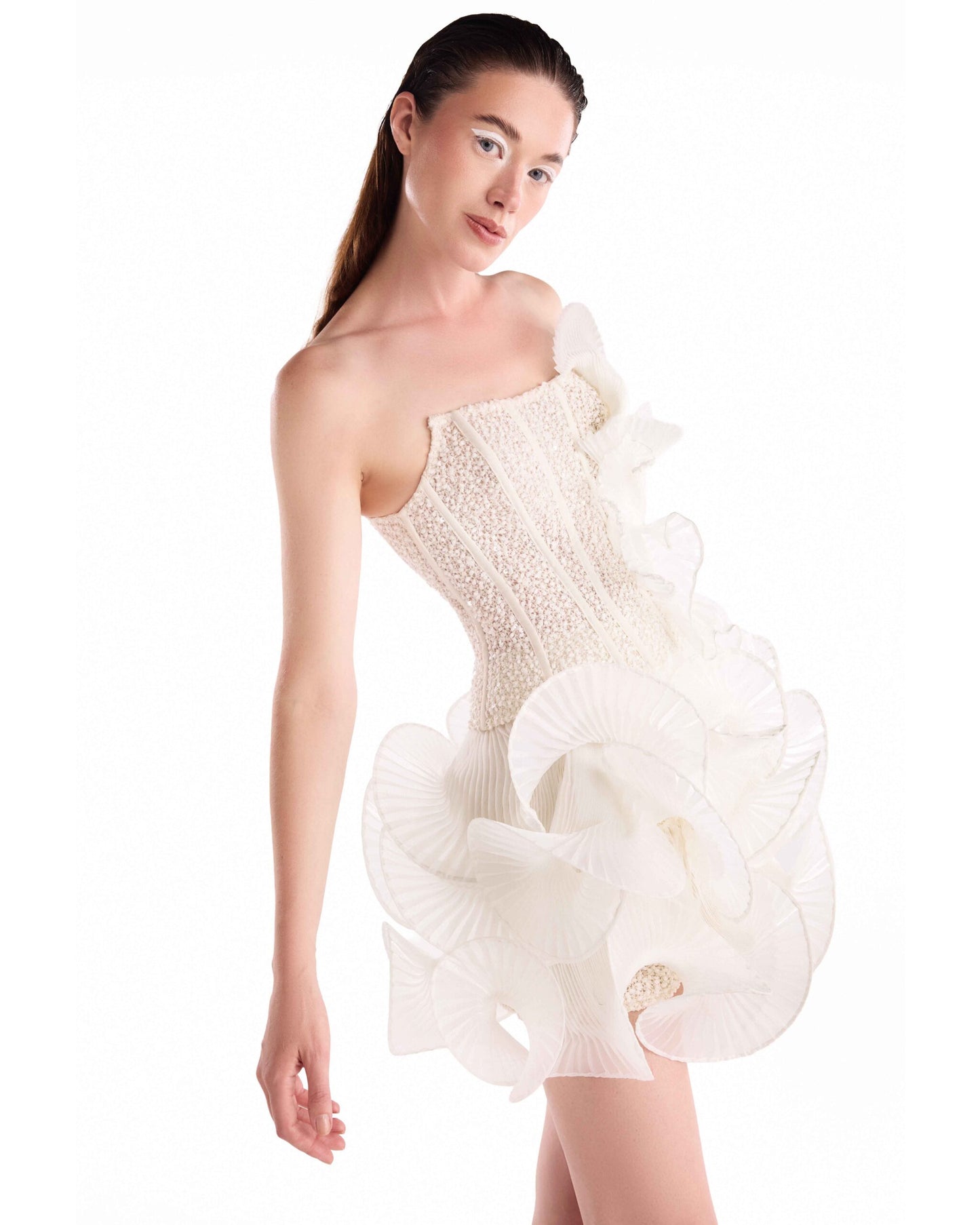 Voluminous Shell-Like Plissé Organza Mini Skirt