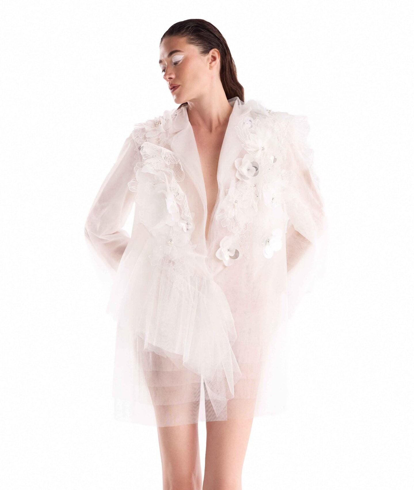 Tranlucent Layered Tulle, Floral Appliqué Jacket