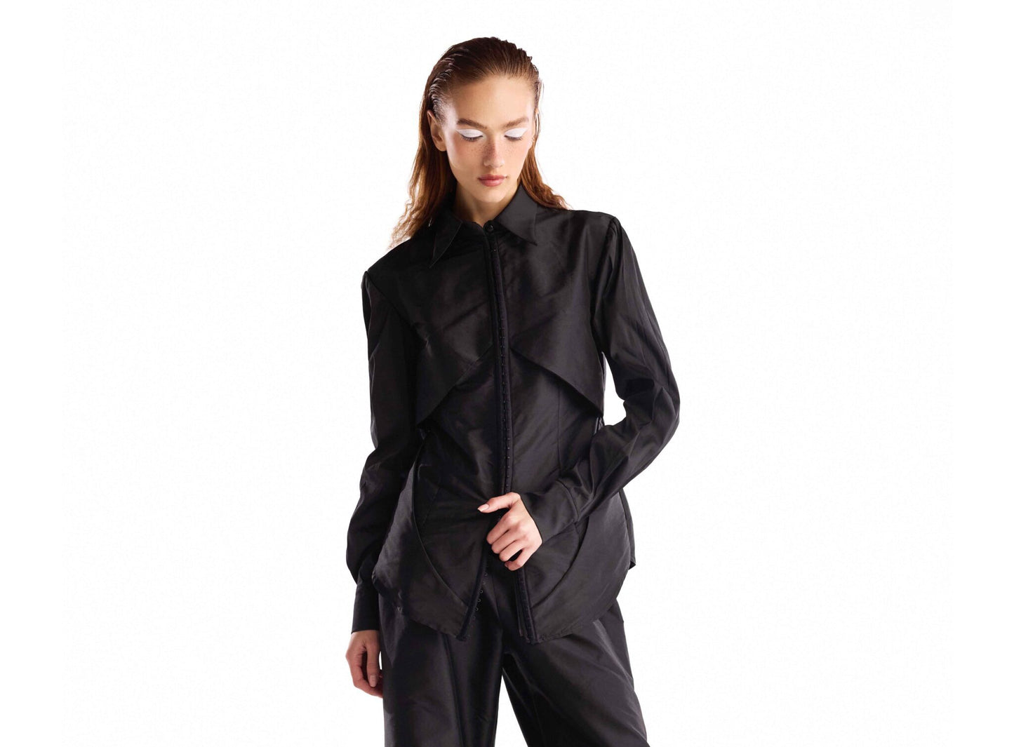 Structured Panels, Front Zip Taffeta Blouse