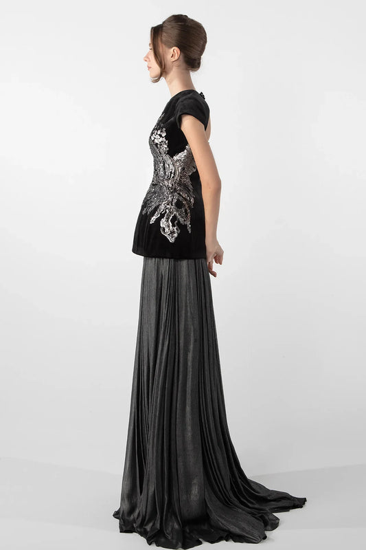 Velvet Corset with Embroidery and Lamé Skirt