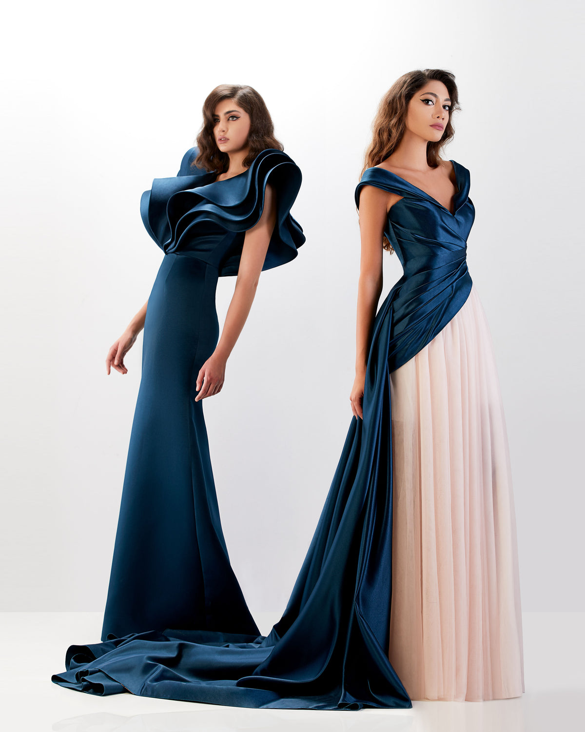 Abdo Aoude — navy column gown with ruffle shoulders, back view