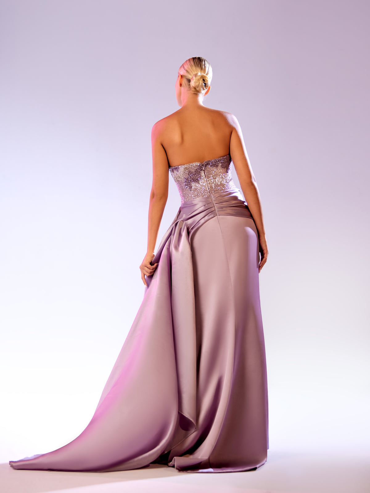 Abdo Aoude — dusty violet gown with draped organza train, back view
