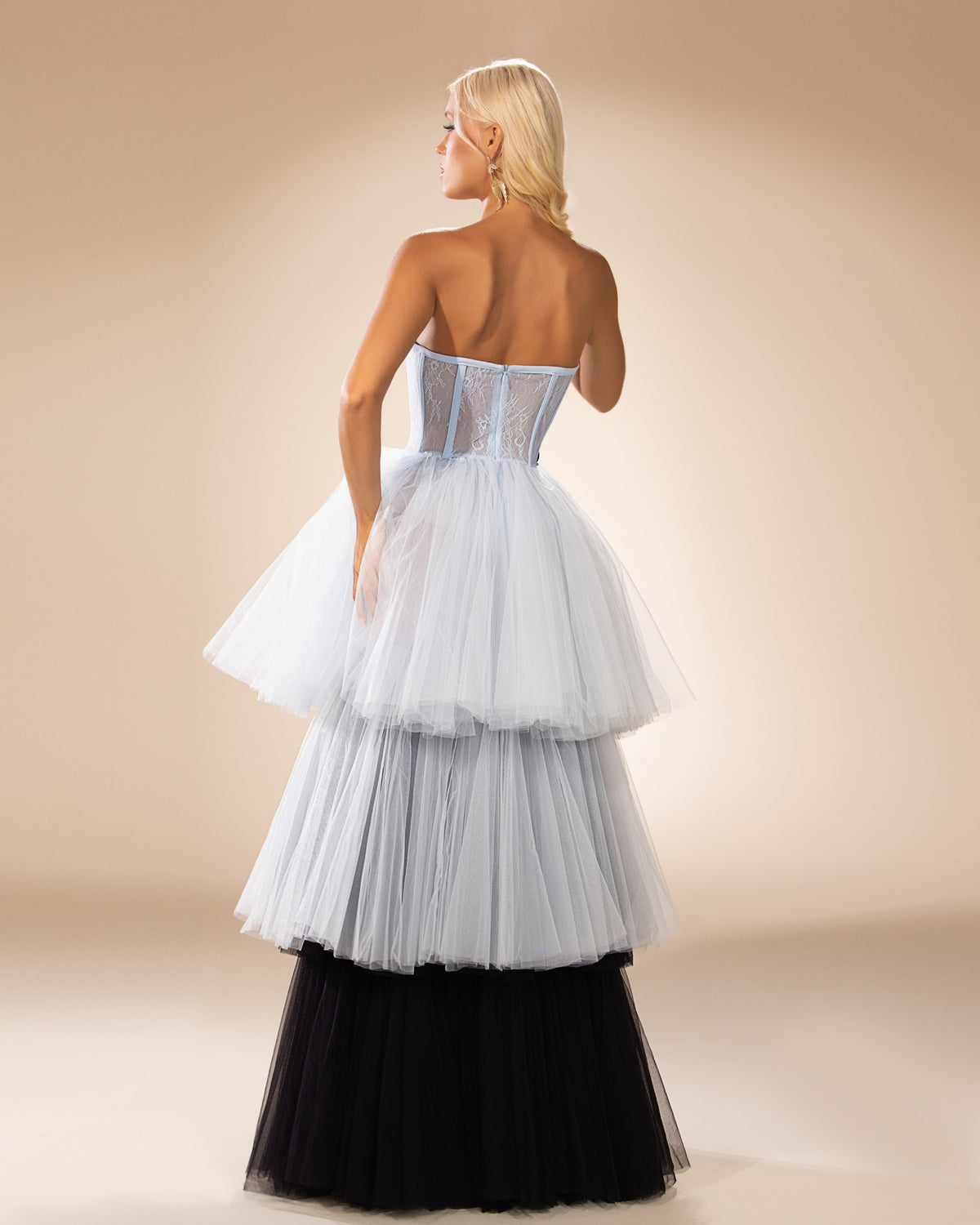 Abdo Aoude — tiered tulle gown shading blue to black, back view