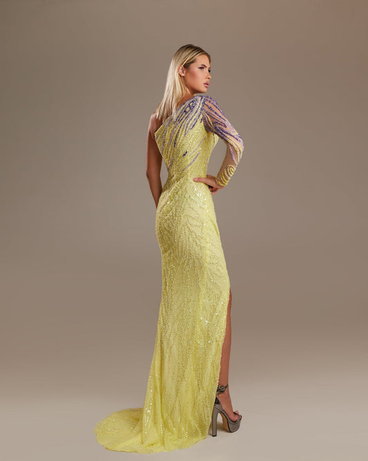 One-Shoulder Beaded Column Dress
