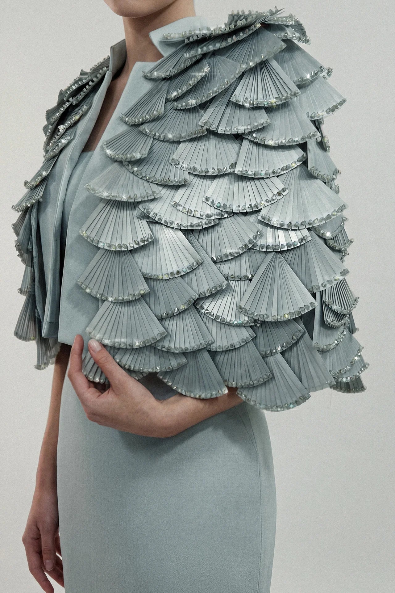 Fitted Gown with Layered Pleated Cape Jacket