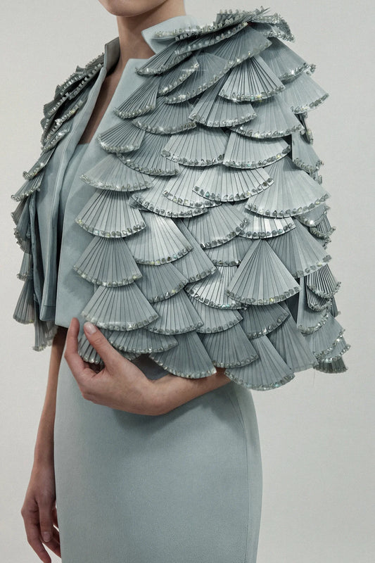 Fitted Gown with Layered Pleated Cape Jacket
