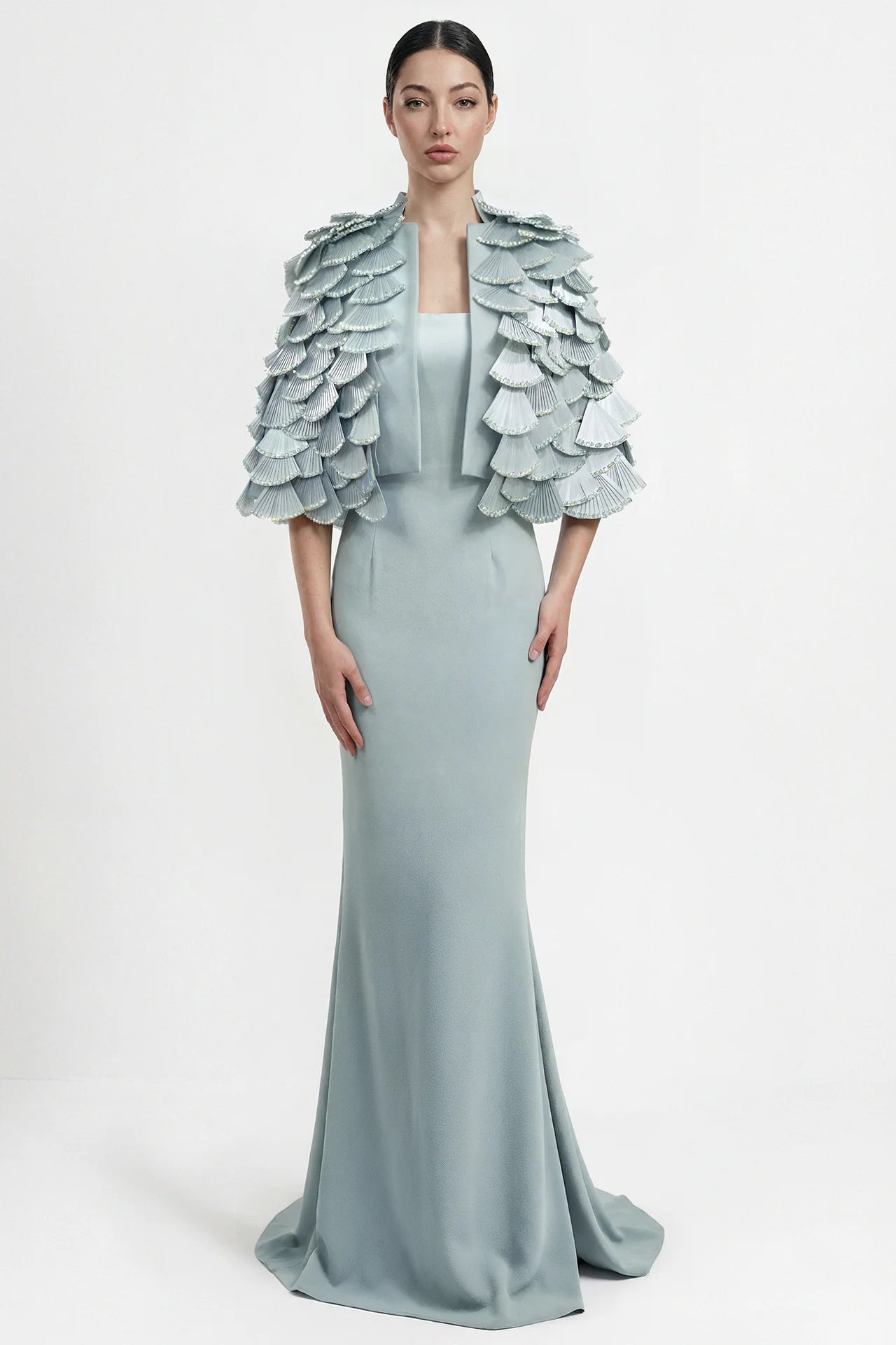 Fitted Gown with Layered Pleated Cape Jacket