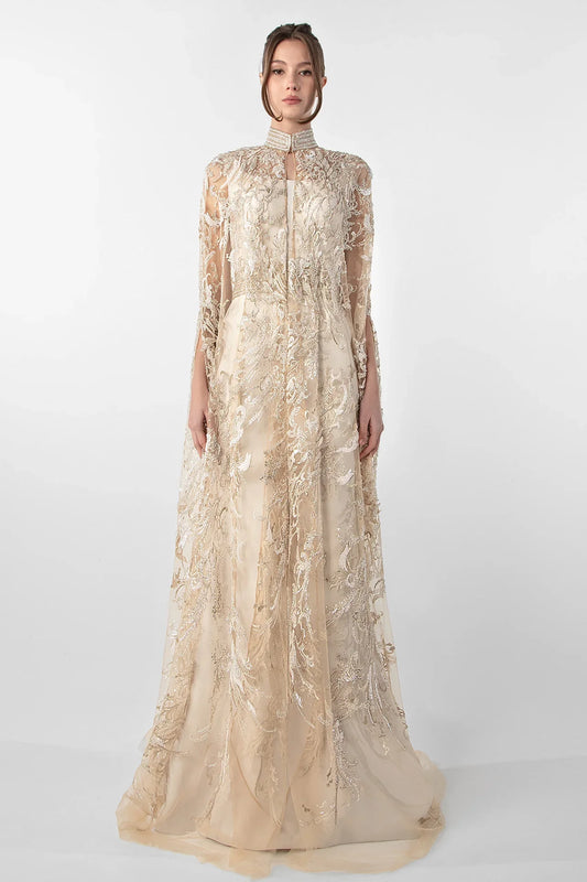 Crepe Dress with Embroidered Cape