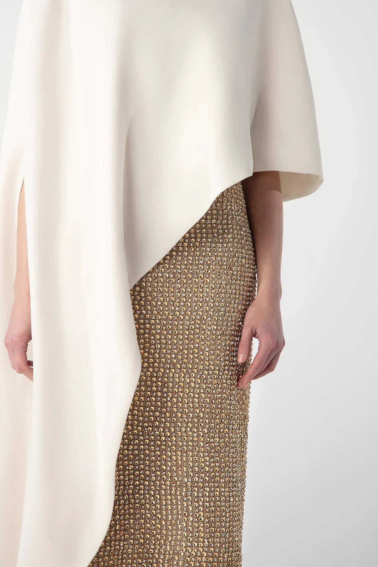 Hand-Embroidered Gold Dress with Crepe Cape