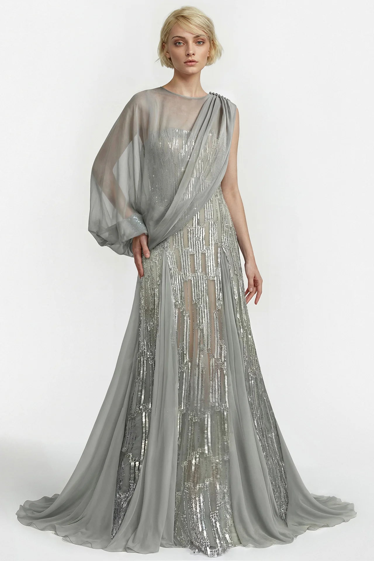 Strapless Embroidered Gown with Draped Chiffon Cape – Gattinolli by Marwan – Almasa Designs
