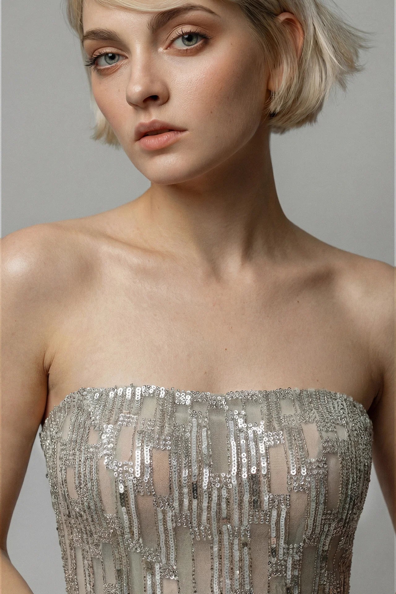Strapless Embroidered Gown with Draped Chiffon Cape