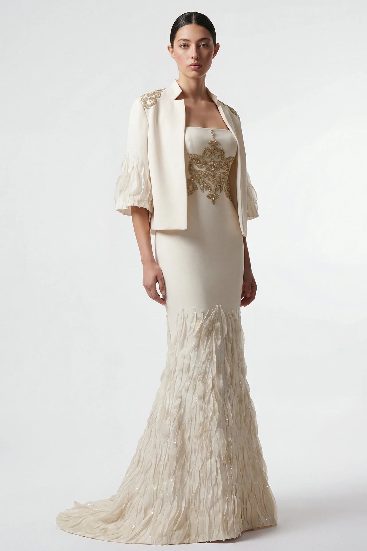 Embroidered Mermaid Gown with Cropped Jacket