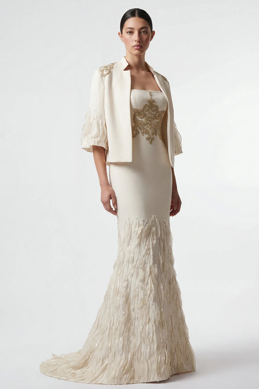 Embroidered Mermaid Gown with Cropped Jacket