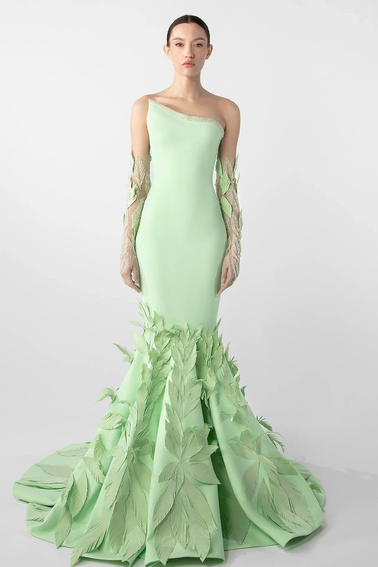 Light Mint Mermaid Gown with Laser-Cut Taffeta Feathers