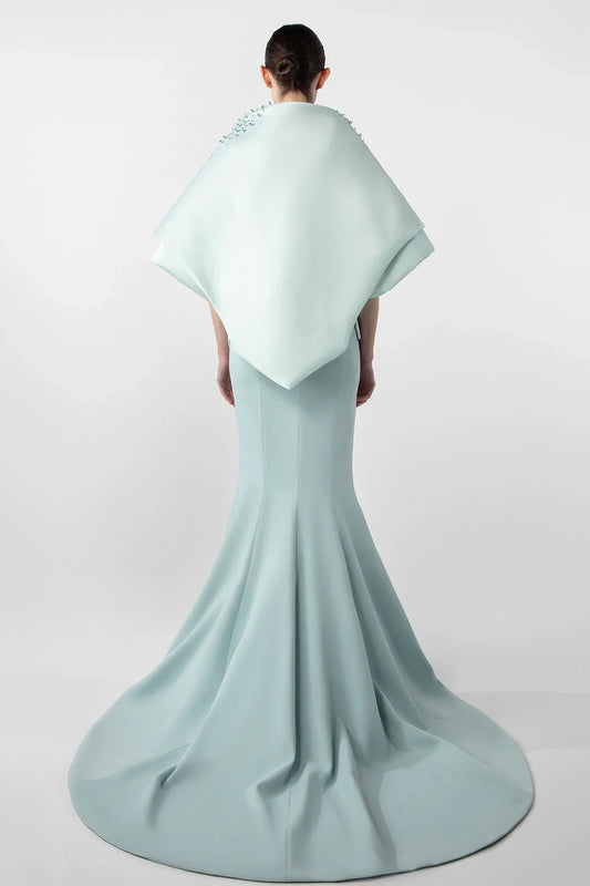 Fitted Mermaid Dress with Embroidered Cape