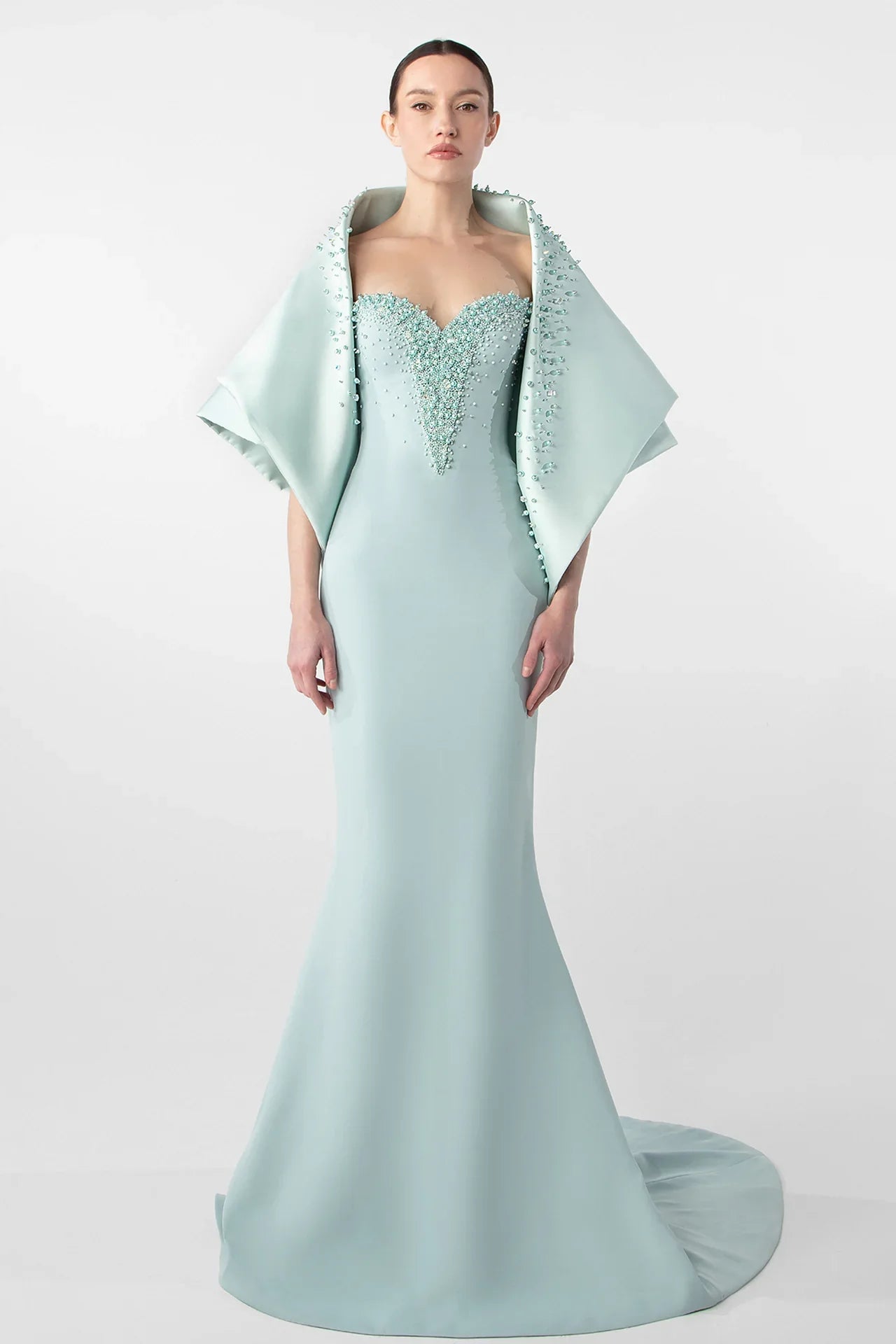 Fitted Mermaid Dress with Embroidered Cape