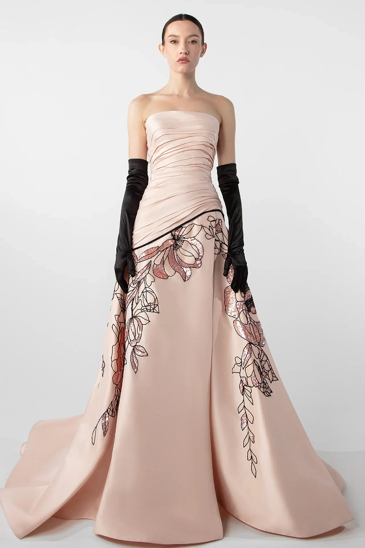 Strapless Draped Gown with Embroidered Skirt