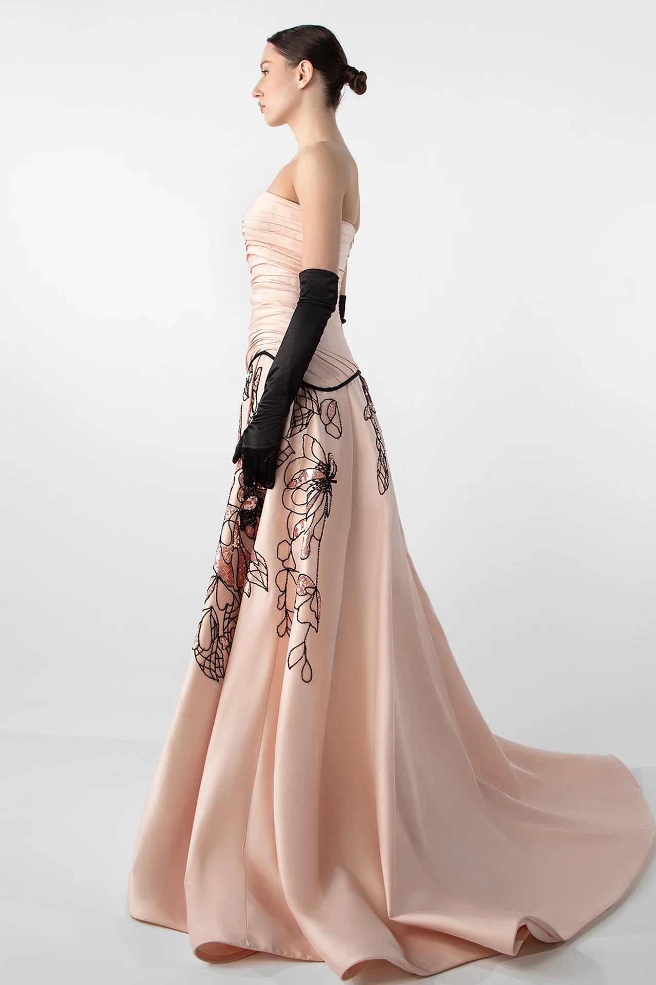 Strapless Draped Gown with Embroidered Skirt
