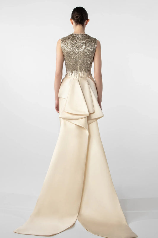 Two-Piece Column Dress with Hand-Embroidered Peplum