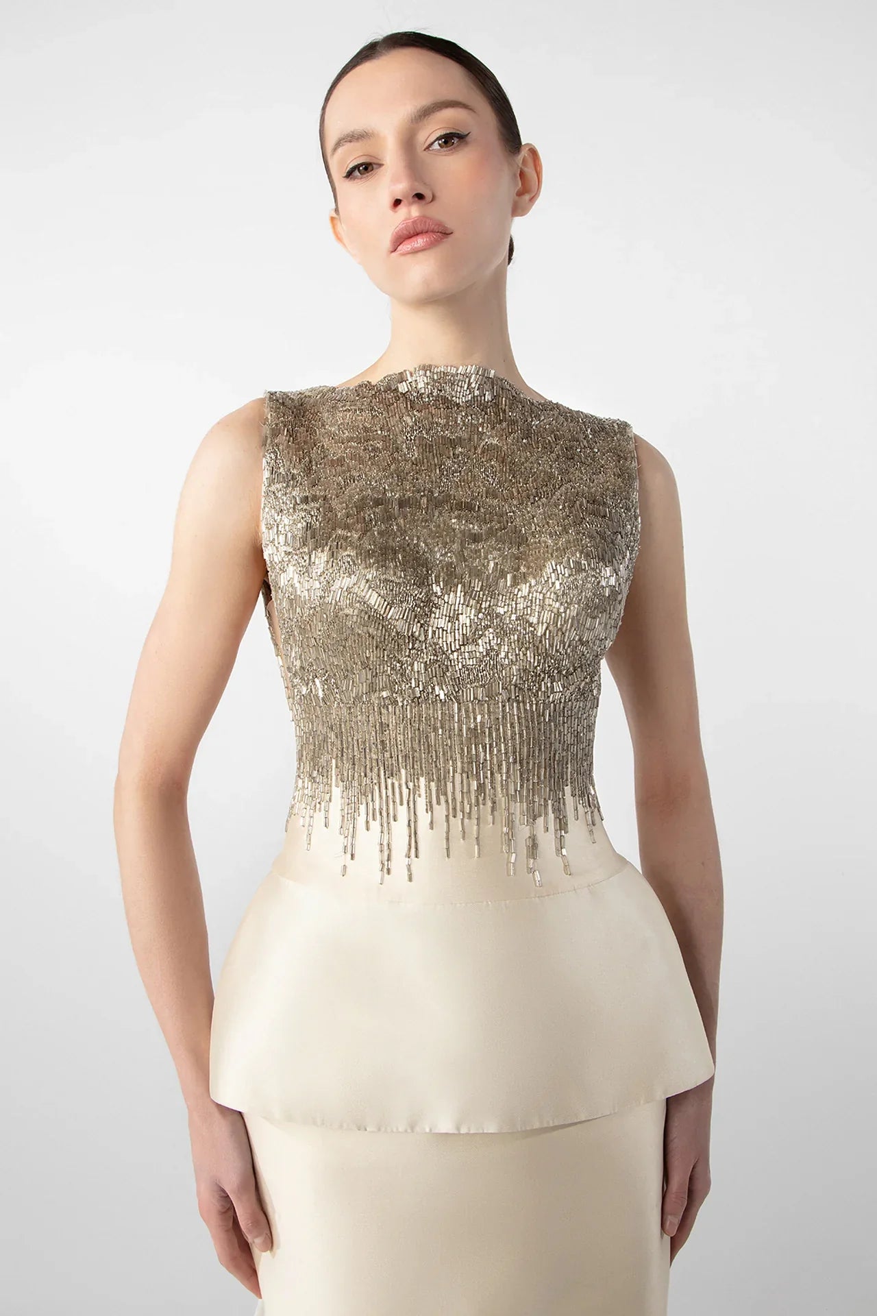 Two-Piece Column Dress with Hand-Embroidered Peplum