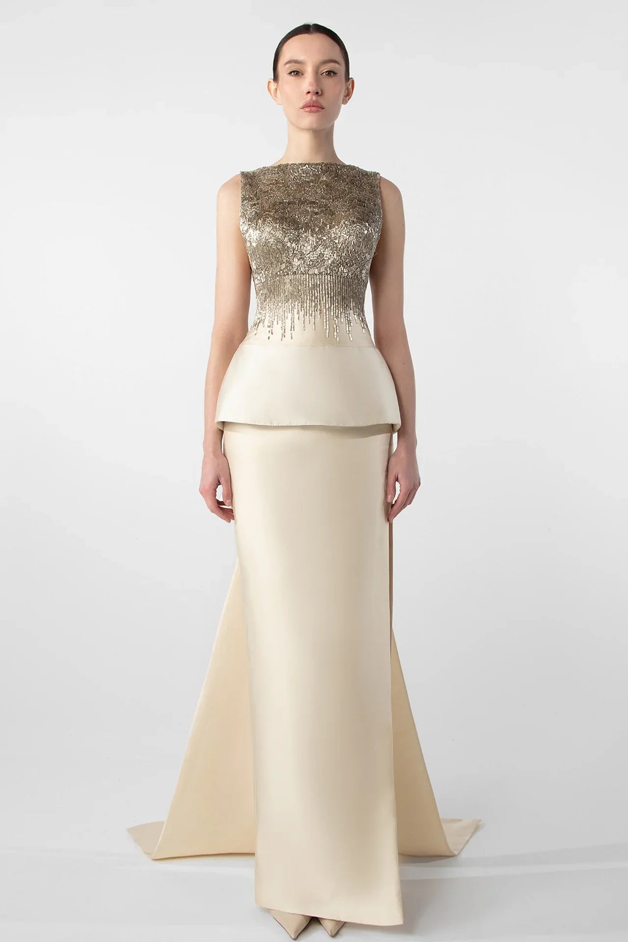 Two-Piece Column Dress with Hand-Embroidered Peplum