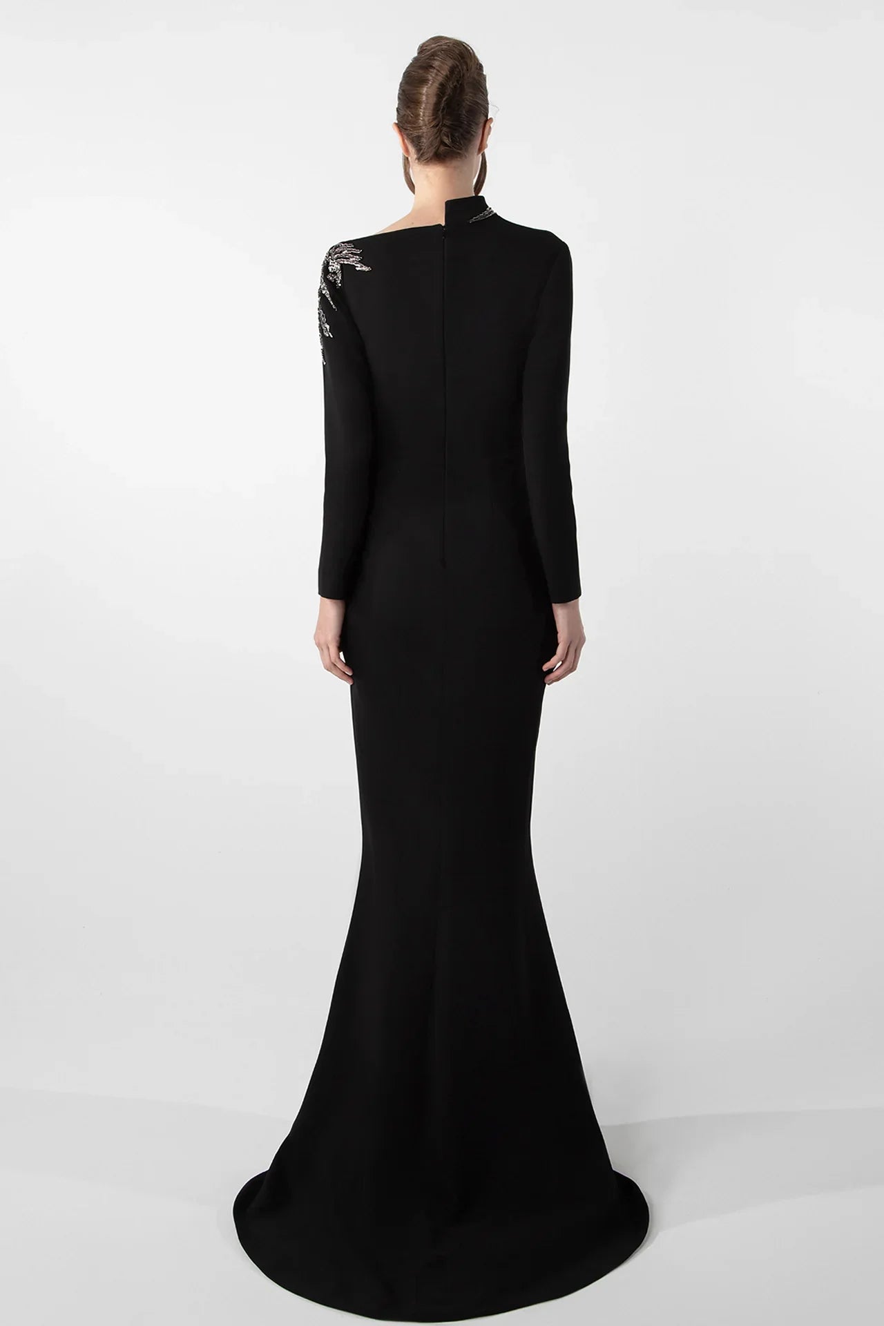 Embroidered Pearl and Bead Crepe Dress with Asymmetrical Cut