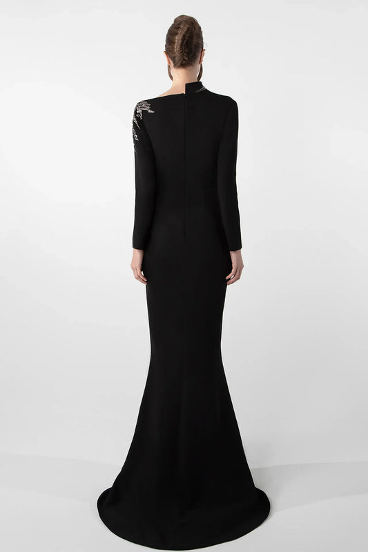 Embroidered Pearl and Bead Crepe Dress with Asymmetrical Cut