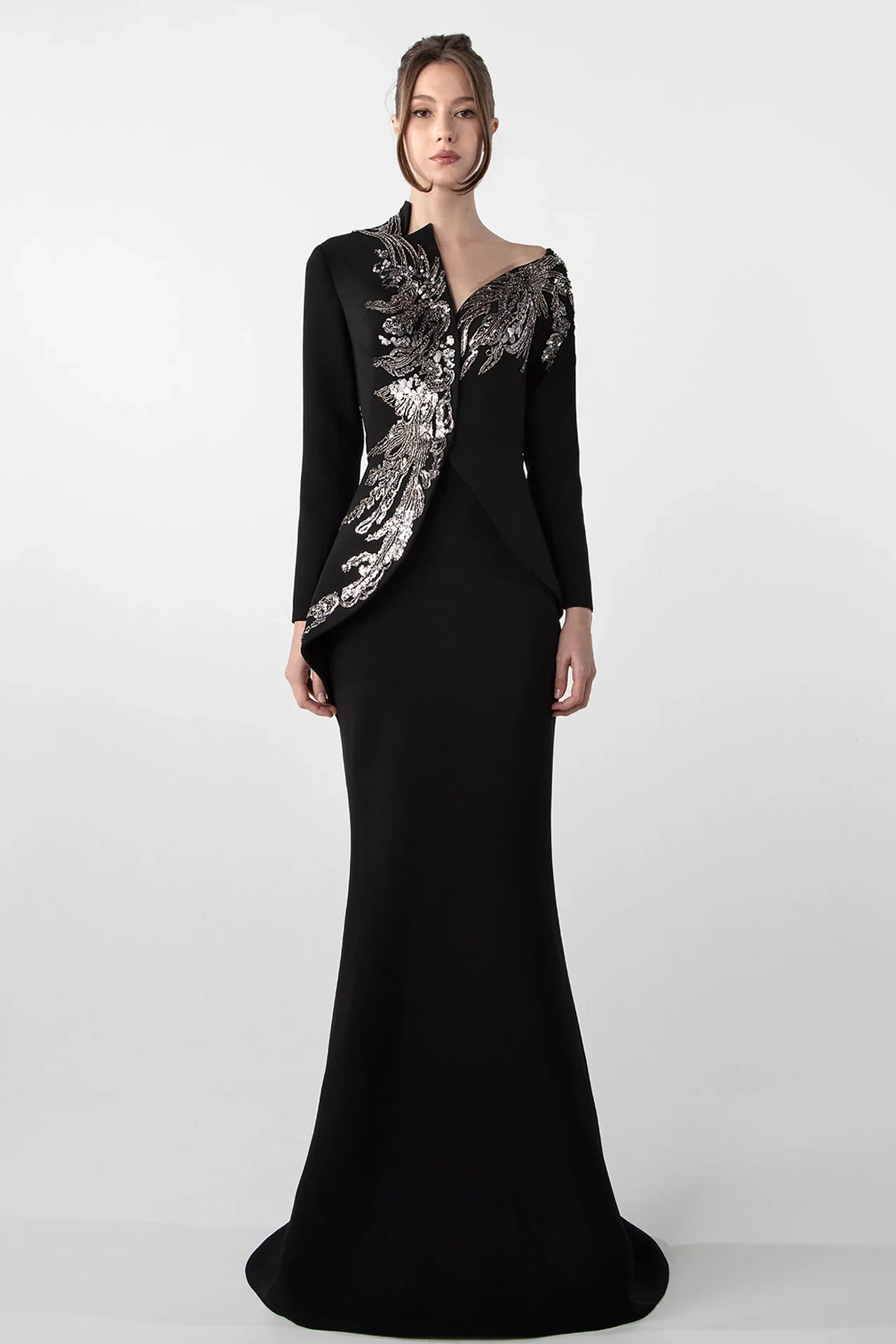 Embroidered Pearl and Bead Crepe Dress with Asymmetrical Cut