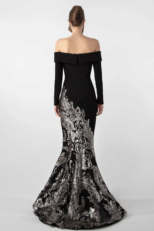 Off-Shoulder Crepe Gown with Beaded Embroidery