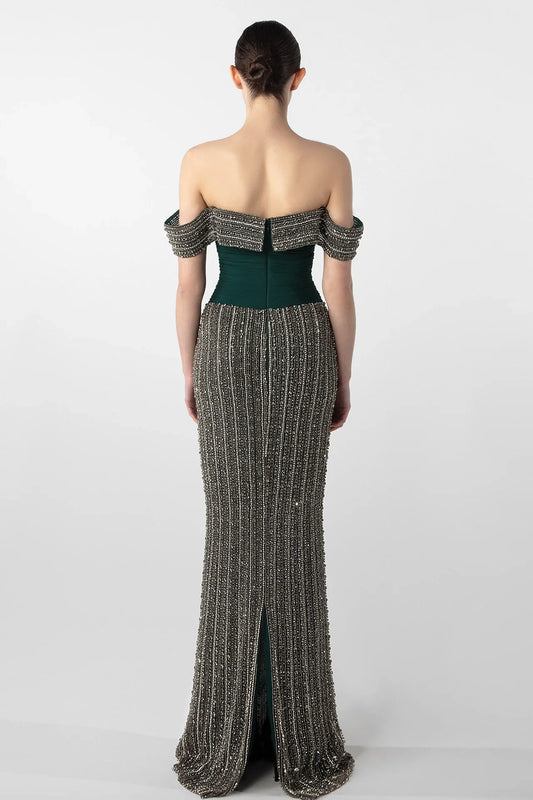 Hand-Embroidered Off-Shoulder Gown