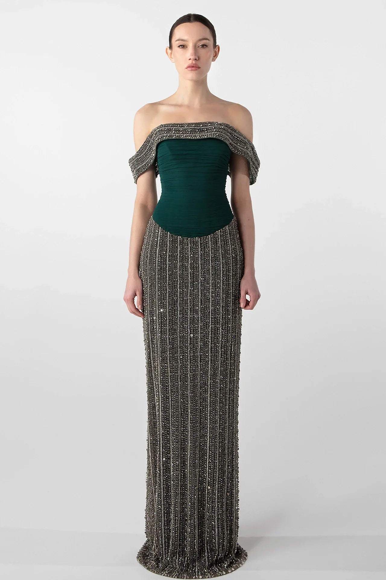Hand-Embroidered Off-Shoulder Gown