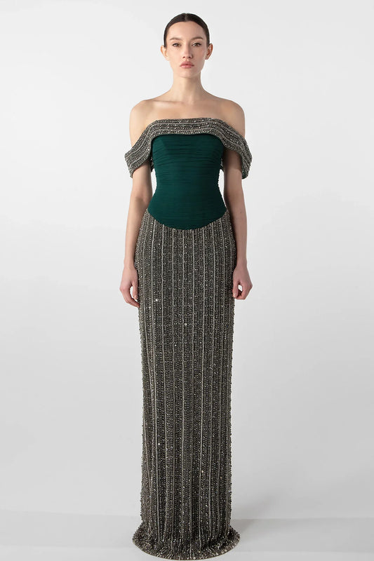 Hand-Embroidered Off-Shoulder Gown
