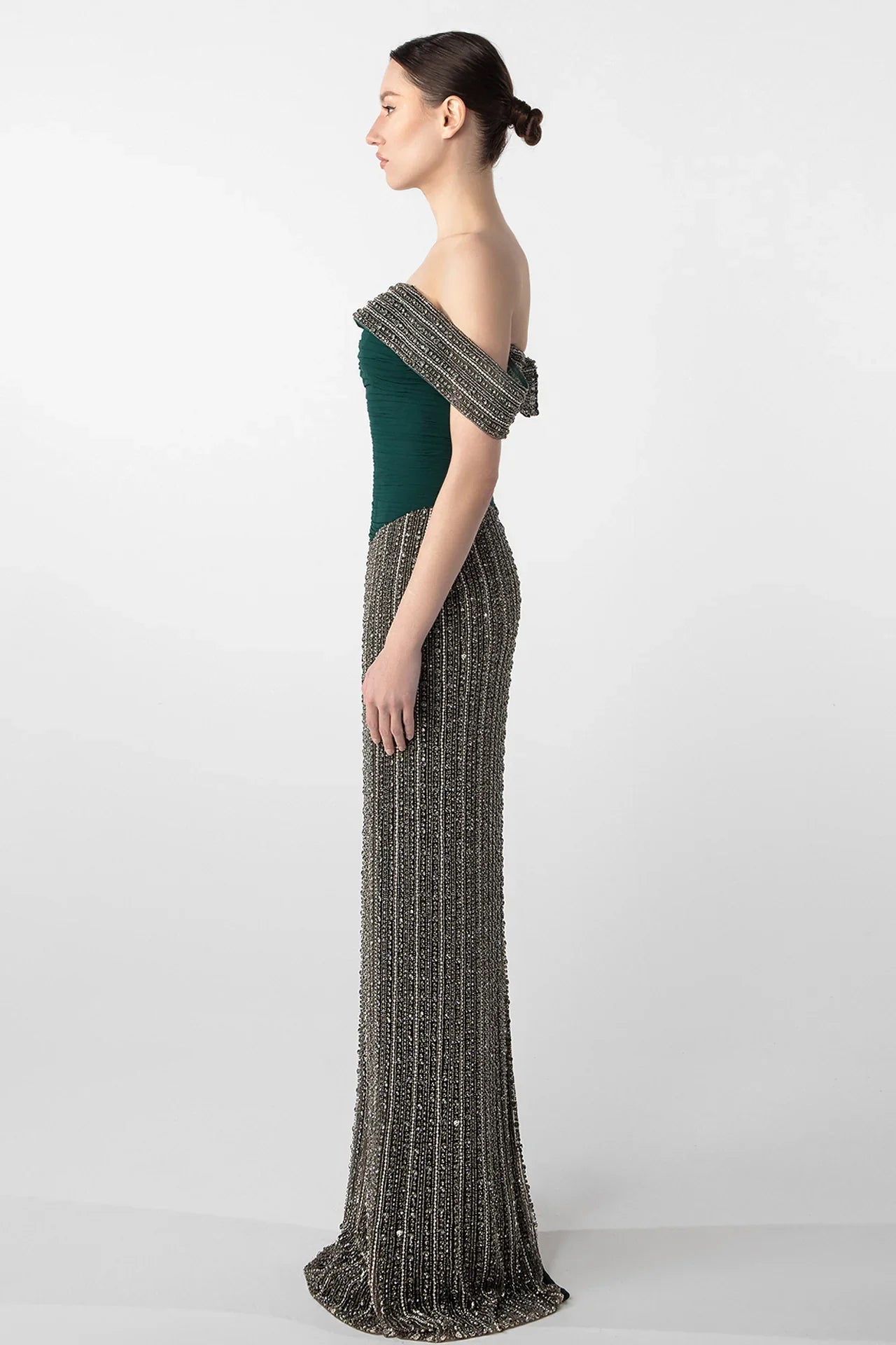 Hand-Embroidered Off-Shoulder Gown