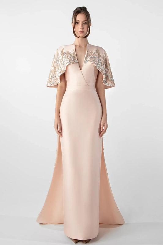Plunging Neckline Dress with Embroidered Cape