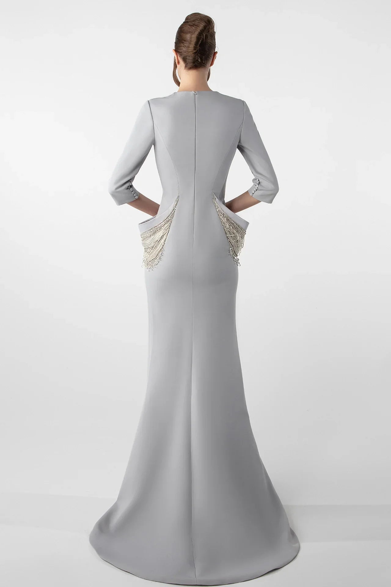 Structured Crepe Gown with Embroidered Accents