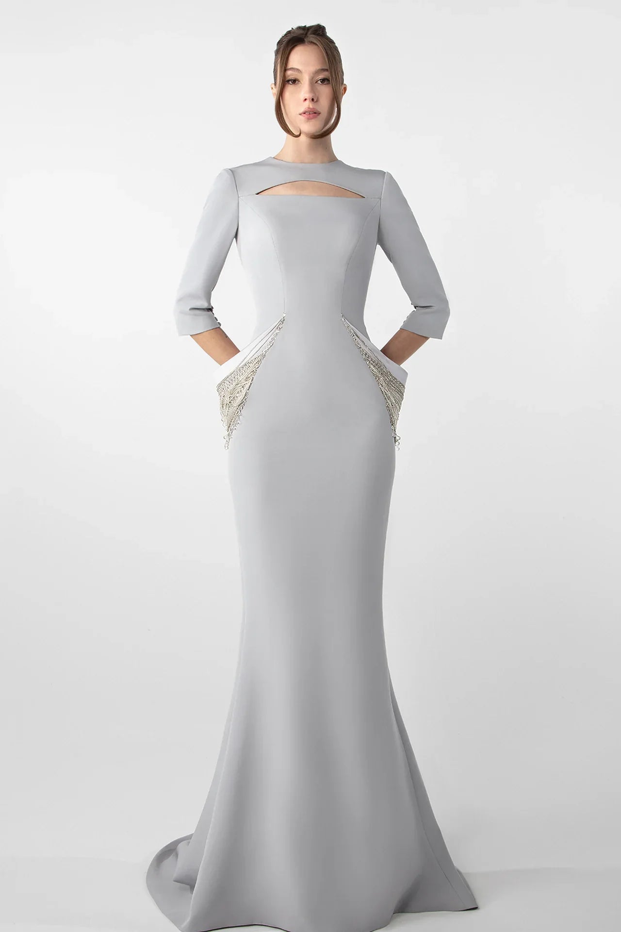 Structured Crepe Gown with Embroidered Accents