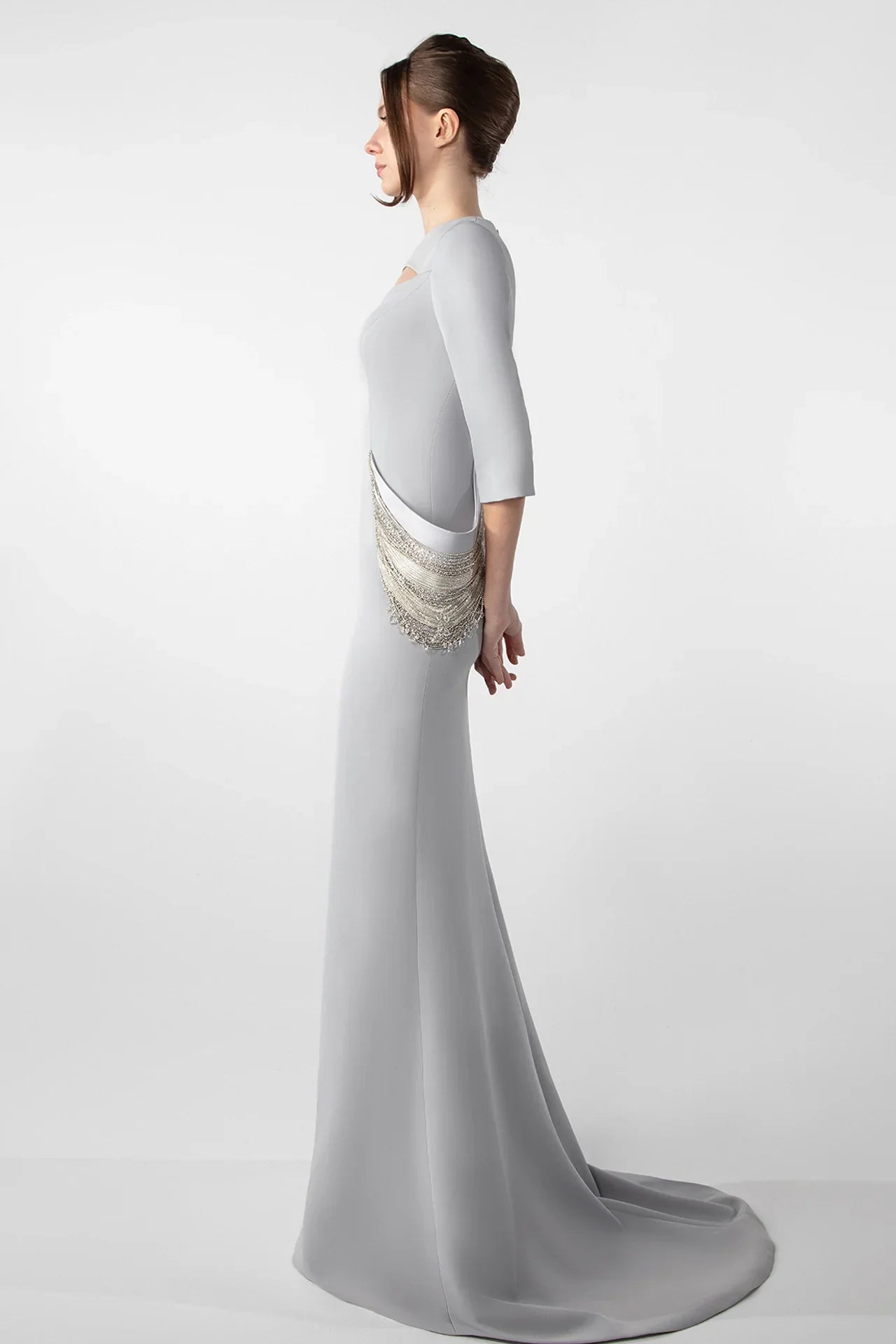 Structured Crepe Gown with Embroidered Accents