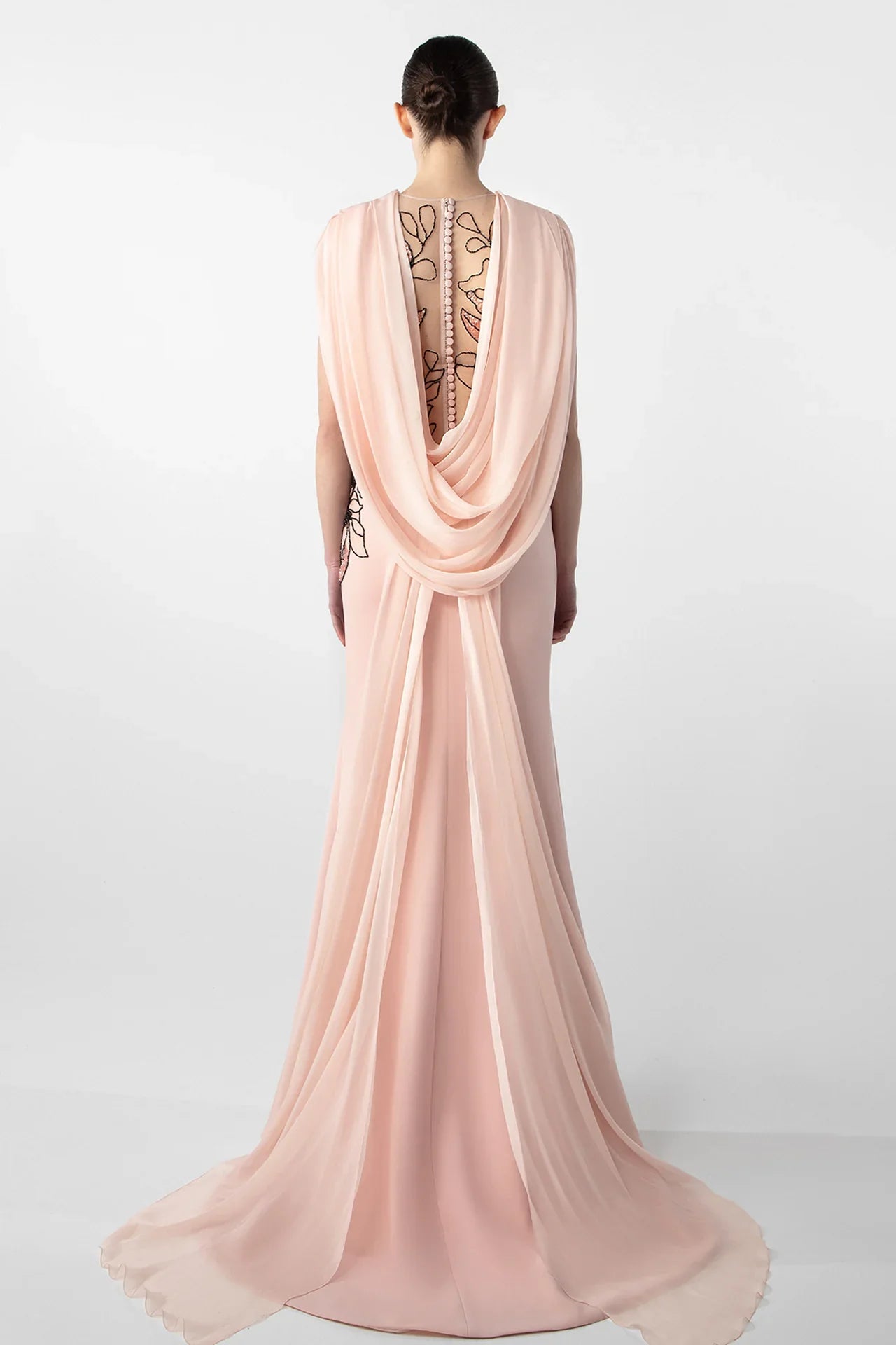 Fitted Crepe Dress with Embroidered Cape