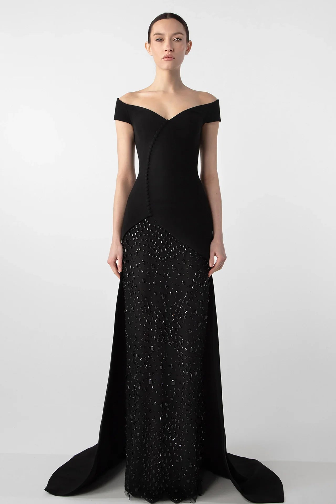 Off-Shoulder Gown with Embroidered Jet Stones