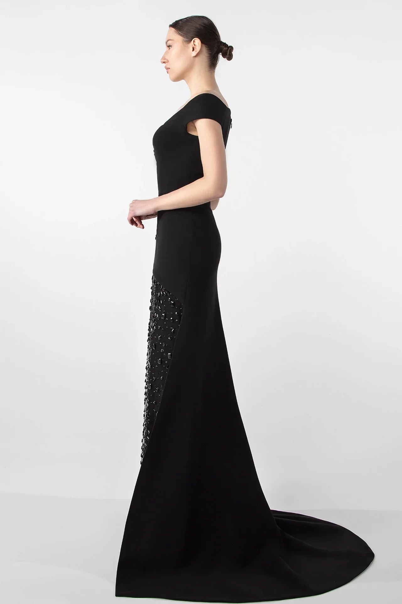 Off-Shoulder Gown with Embroidered Jet Stones