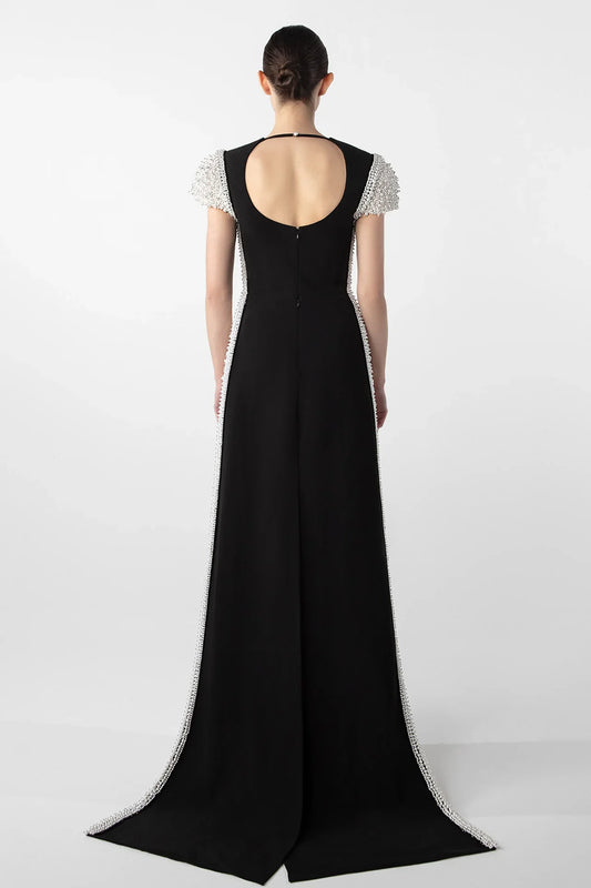 Pearl-Embroidered Gown with Contrasting Train