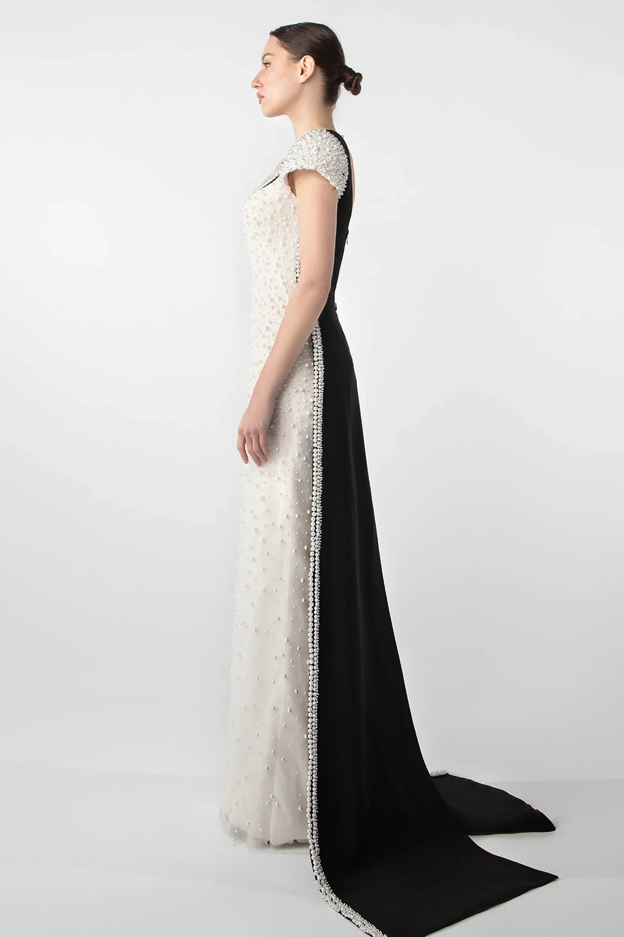 Pearl-Embroidered Gown with Contrasting Train