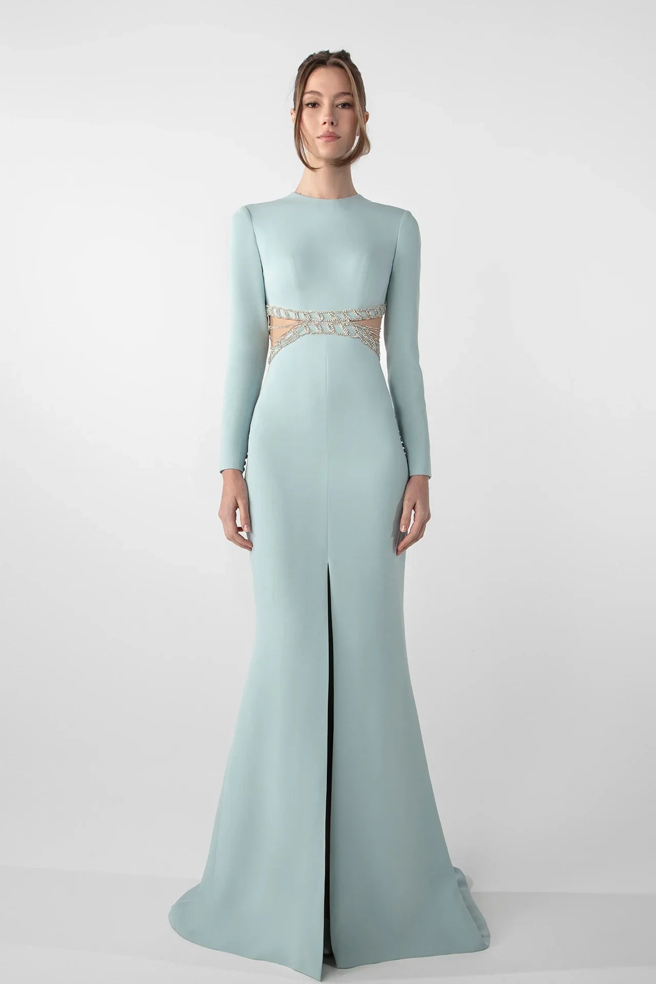 Fitted Crepe Dress with Crystal Chain Embroidery