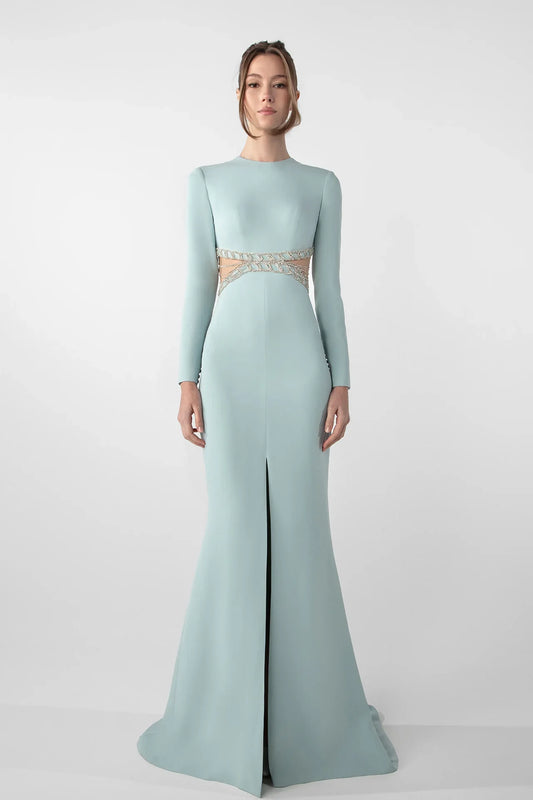 Fitted Crepe Dress with Crystal Chain Embroidery